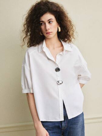 Écloséra Women's Oversized Metal Decor Button-Up Shirt, White Blouse, Basic Shirt