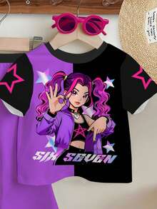 SHEIN 年轻女孩休闲时尚彩色韩流女团字母星星印花个性化圆领短袖T恤和喇叭裤套装 - 彩色 - 查看 4