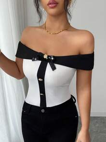 SHEIN Elenzya Women's Elegant Off-Shoulder Short Sleeve T-Shirt,Ribbed Fabric,Metal Button,Sequin Bow Design,Black And White Summer Dining,Parties,Office,Commute - Black and White - View 3
