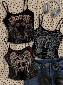 Attitoon 3件套复古朋克交叉翅膀撞色印花图案女式吊带背心，适合夏季、搭配、夜店装、户外、街头风、Y2K风格 - 彩色 - 查看 7