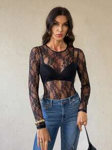 SHEIN Tall 薄纱蕾丝连体衣，不含胸罩。 - 黑色 - 查看 1