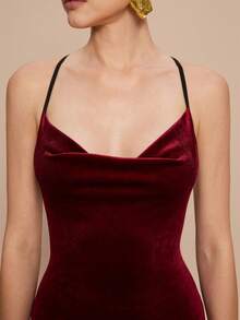 Leighera 优雅女士红色连衣裙，适合新年假日派对穿着，酒红色天鹅绒长款女装 - 酒紅色 - 查看 6