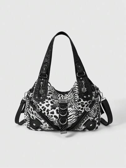 Grunge Punk Borsa da donna con stampa leopardata alla moda, borsa casual punk, borsa a spalla da donna stile retrò motociclista
