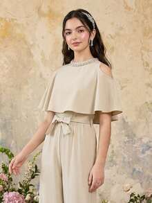 优雅通勤二合一斗篷连体裤套装，适合少女，尽显高贵气质