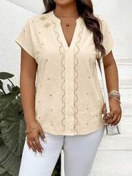SHEIN LUNE Plus-Size Spring Women'S Summer Apricot-Colored Glamorous Embroidered Shirt With A Notched Collar And A Design That Is Shorter In The Front And Longer In The Back Elegant Women Modest Blouse Plus Size Blouse Cream Blouse Women's Plus Size Blouse Curve Plus Size Blouses Plus Size Summer Shirt Plus Size Summer Top Embroidered Blouse Plus Size Curve Blouse