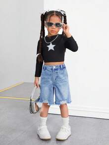 SHEIN 千禧年蓝色牛仔宽松百慕大短裤，适合年轻女孩，春夏休闲度假风牛仔服 - 中等水洗藍 - 查看 4