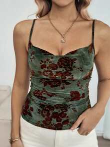 GlowEve Camiseta ajustada de mujer con cuello drapeado y estampado floral - Verde Oscuro - Ver 6