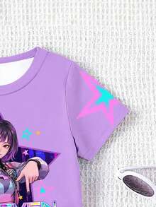 一套少女休闲时尚舒适简约百搭创意可爱3D星星数字“67”字母K-POP女孩全印花短袖T恤和短裤套装，适合春夏穿着