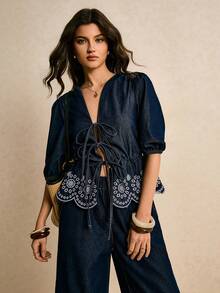 Poéselle Women's Floral Embroidery Front Tie Lantern Sleeve Fashionable Denim Blouse - Dark Wash - View 5