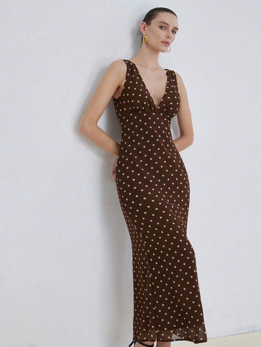 Aveloria Modichic Đầm không tay cổ chữ V, thắt eo, in họa tiết chấm bi cổ điển - Cà phê - Xem 1