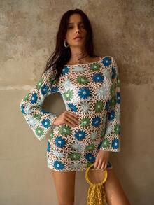 MOTF PREMIUM HANDMADE CONTRAST FLORAL CROCHET ROMANTIC FLARE SLEEVE ONE-SHOULDER SHEER FLOWY VACATION SWIMSUIT COVER UP MINI DRESS - Multicolor - View 4