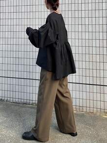 FRIFUL Women's Solid Black Round Neck Drop Shoulder Loose Casual Patchwork Blouse, Versatile Spring Outfit - Black - View 2