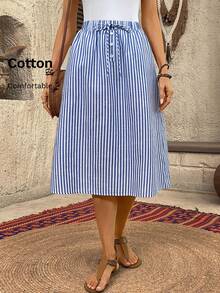 EMERY ROSE Women's Striped Drawstring Waist Casual Versatile Vacation Skirt Vacation Outfits Women - Blue and White - View 1