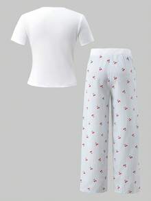 Tween Girl Cherry Letter Print Round Neck Short Sleeve T-Shirt And Striped Pants Casual Outfit - White - View 2