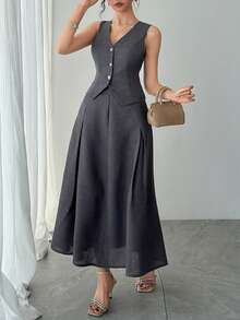 DAZY Women's Elegant Commuter Solid Color Vest & Skirt 2 Pieces Set, Summer - Black - View 2