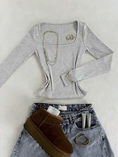 Noixe Minimalist Fashion Gray Square Neck Slim-Fit Long-Sleeve T-Shirt Suitable For Spring, Summer, Fall, And Winter Fashion T-Shirt Stylish T-Shirt Gift For Siblings Gift For Sisters Gift For Mom Mother's Day Gift Casual Minimalist Fashion Top