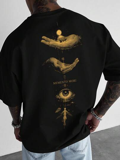 Manfinity LEGND Men's Fashionable Casual Commuter Eye & Letter Print Short Sleeve Black T-Shirt, Summer