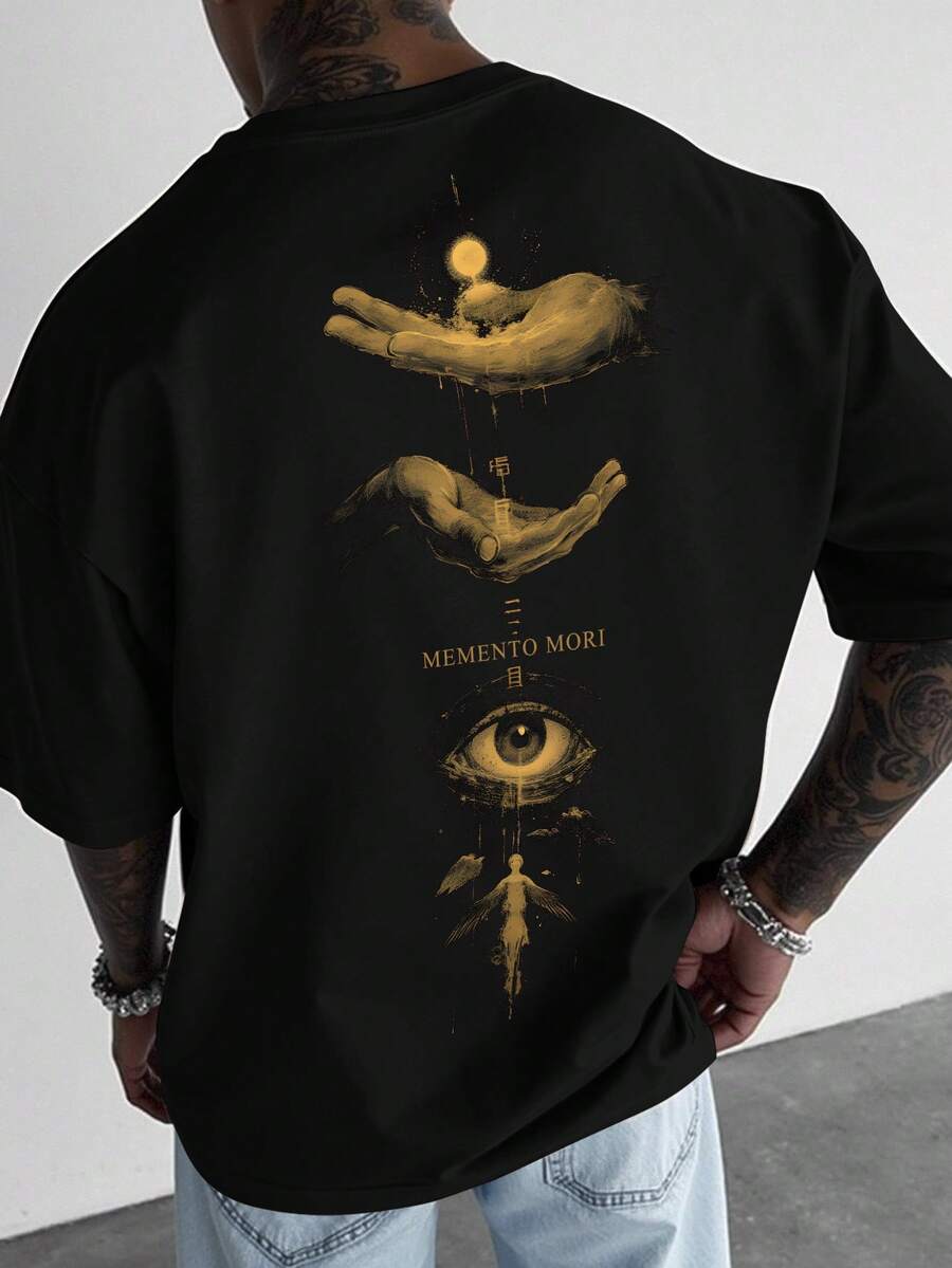 Manfinity LEGND 男士时尚休闲通勤款眼睛字母印花短袖黑色T恤，夏季 - 黑色 - 查看 1