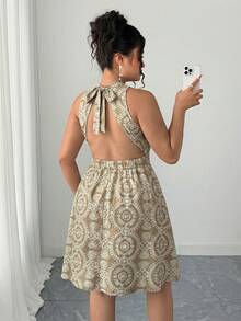 Elenzga Vacation Style Backless Halter Tie A-Line Dress - Khaki - View 2