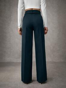 EURMUSE Women's Solid Pleated Seam Detailed Suit Pants - Dark Green - View 2