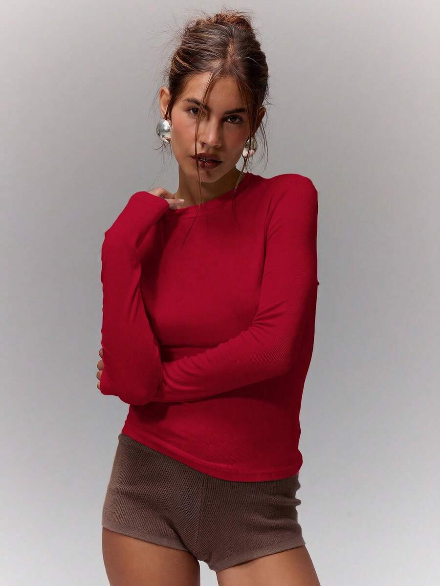 MUSERA 對比飾邊修身長袖上衣 休閒度假機場穿搭 可愛冬季優雅 春夏舒適節慶風 - 紅色 - 查看 1