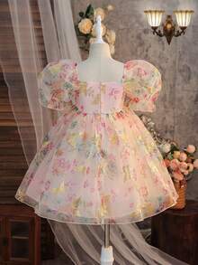 SHEIN Young Girls Summer Elegant Butterfly Pattern Organza Short Sleeve Party Dress - Pink - View 8