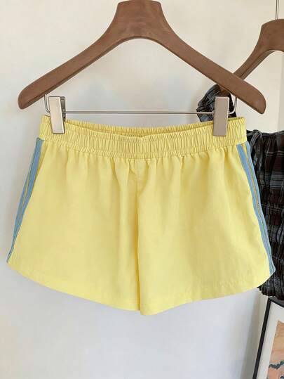 Comfortcana Quần short nữ dáng rộng, cạp chun, kẻ sọc, thích hợp cho mùa hè, mùa đông, Giáng sinh, năm mới, các hoạt động thể thao ngoài trời thường ngày, màu kem vàng kiểu Y2K.