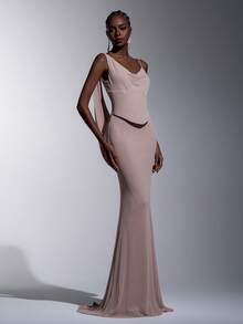 Elitara 优雅浪漫时尚浅粉色弹力网纱褶皱装饰高弹鱼尾下摆优雅派对礼服、婚礼宾客礼服、粉色连衣裙、时尚优雅伴娘礼服 - 淺粉色 - 查看 7