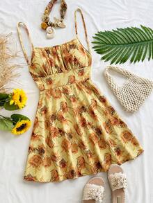 Soleia Women's Vacation Red Polka Dot Print Backless Spaghetti Strap A-Line Mini Dress, Suitable For Layering In Autumn/Winter, Party, Christmas - Yellow - View 1