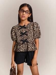 Radiana Tween Girl Spring/Summer Fashionable Leopard Print Colorblock Bow Trim Ruffle Long Sleeve Casual Blouse, Holiday Wear - Brown - View 5