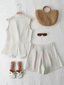 Omancia 女士杏色纯色面料西装外套，立领设计，收腰A字型无袖西装外套背心和短裤两件套 - 杏色 - 查看 2