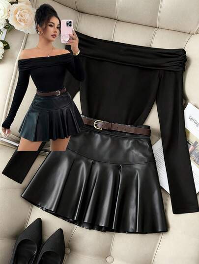 GlowEve Conjunto de 2 piezas de blusa de punto elástica con hombros descubiertos y plisados + falda mini acampanada de cintura elástica, estilo elegante y chic francés, versátil, para otoño/invierno