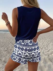 Sylviya 女士休闲圆领吊带背心短裤套装（2件套），适合夏季穿着。女士短裤套装，女士两件套短裤套装，女士两件套夏季服装，夏季短裤套装 - 彩色 - 查看 2