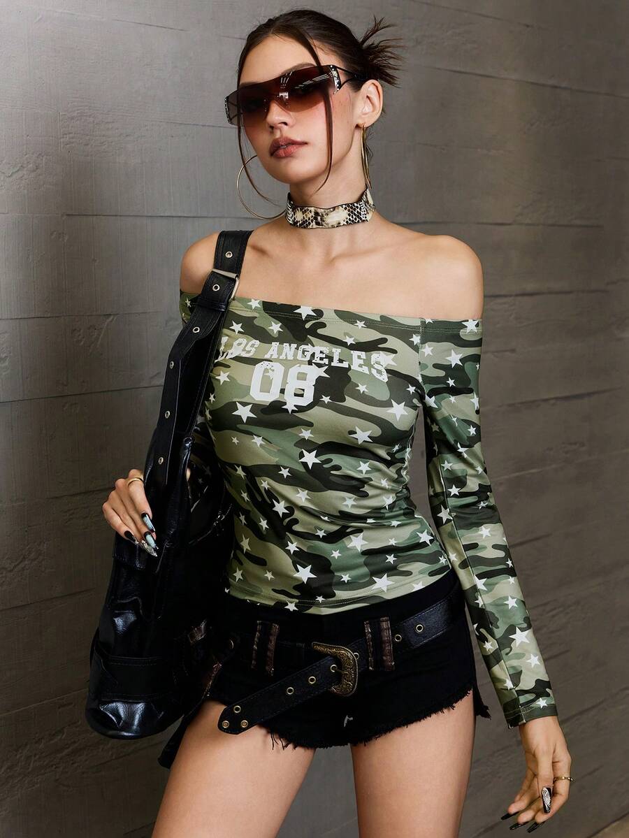 Rina Fox Women's Letter Camouflage Print Off Shoulder Long Sleeve Fitted Fashion T-Shirt - Multicolor - View 1