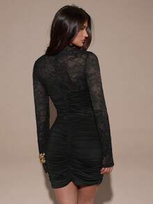 SHEIN BAE 女士优雅纯色蕾丝拼接修身迷你连衣裙 - 黑色 - 查看 2