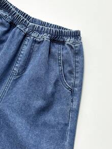 SHEIN 青少年男孩时尚休闲 Y2K 复古酷炫街头风拼接细节基础款简约舒适蓝色宽松牛仔裤，适合日常穿着、春夏锐舞节和街头服饰。 - 藍色 - 查看 5