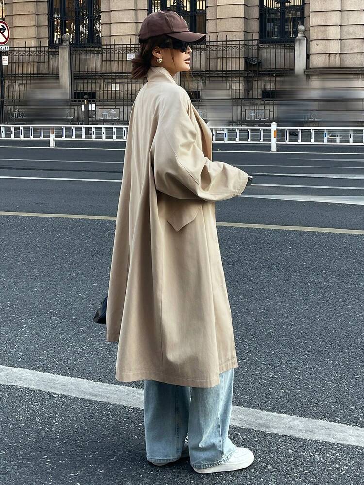 Casual Loose Raglan Long Trench Coat For Women, Single-Breasted Mid-Length Coat
