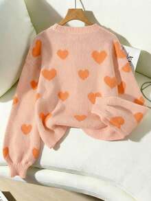 Franclia Áo len cổ tròn dài tay hở vai họa tiết trái tim cho nữ, áo len thu đông, áo len trái tim màu cam, áo len nữ, áo len dễ thương, áo len trái tim màu hồng - Nhiều màu - Xem 2