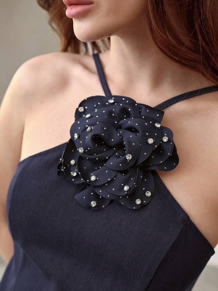 RHINESTONE 3D FLORAL DECOR WAIST CINCHED SHORT HALTER NECK DRESS