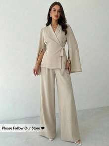 Firerie 2pcs Women's Apricot Tie-Up Split Sleeve Mandarin Collar Top And Elastic Waist Wide Leg Pants Set, Apricot Suit, Mandarin Collar Suit, Apricot Suit, Elegant, Commute, Casual, Business, Workwear, Teacher's Day, Back To School,Spring Outfit Women - Apricot - View 4