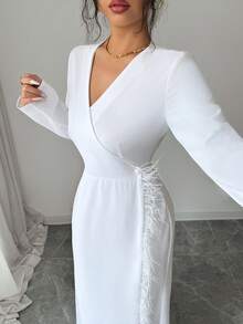 Modelyn French Design V-Neck Furry Patchwork Long Dress For Women - White - View 5