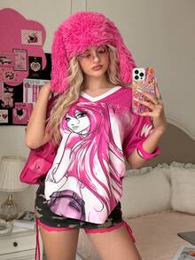 The Winx x SHEIN Women's V-Neck Cartoon Figure Graphic Casual Short Sleeve T-Shirt - Hot Pink - View 1
