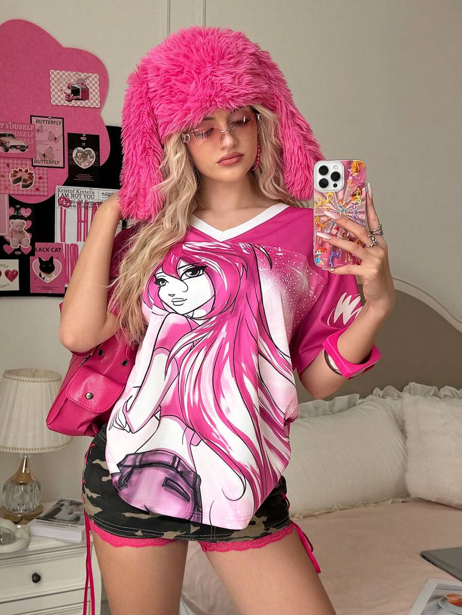 The Winx x SHEIN Women's V-Neck Cartoon Figure Graphic Casual Short Sleeve T-Shirt - Hot Pink - View 1
