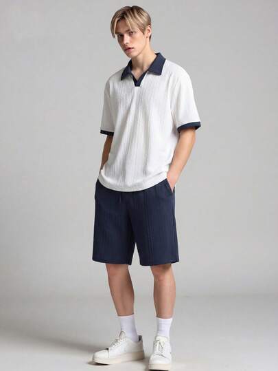 Vacaura 2pcs/Set Teenage Boys Casual Contrast Color Splice Half-Zip Polo Shirt Suit, Suitable For Daily Commute, Leisure, Sports, School Wear Polo And Shorts Set Teen Boy