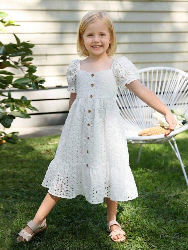Vestido Cuadrado Con Cuello De Niña Joven, Manga Abullonada Con Dobladillo Con Volantes De Encaje - Blanco - Añade 3