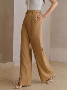 Anewsta Women's High Waist Khaki Wide Leg Pants With Belt Loops And Slit Hem, Loose Elegant Business Casual Trousers - Khaki - View 5