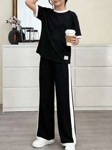 Tween Girls Casual All-Match Versatile Daily Wear Black & White Contrast Trim Round Neck Raglan Sleeve T-Shirt + Straight Leg Knit Pants Set - Black - View 5