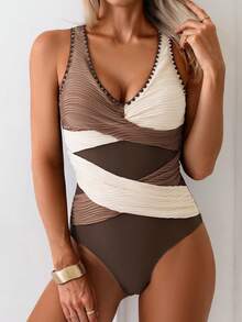 Swim Lushoire 性感交叉绑带连体泳衣，欧美风格度假泳装 - 彩色 - 查看 4