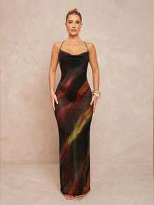 Lumalex 早春扎染针织多色吊带露背系带垂褶领口收腰修身鱼尾连衣裙，适合度假、生日、婚礼、情人节等场合，也可作为情人节礼物指南、浪漫情人节装扮、宾客婚礼、情人节礼物指南、浪漫情人节装扮、派对、夏季假日海滩装扮，尽显奢华格调，低调奢华，适合舞会、聚会、宴会、低调奢华、老钱风格、锐舞派对、音乐节等场合，层次丰富的派对长裙，适合早春穿着，性感长裙。 - 彩色 - 查看 2