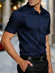 Manfinity Mode Men's Business Casual Printed Short Sleeve Shirt - Navy Blue - View 3